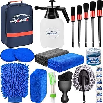 81IJgrZvp4L._AC_SY355_.jpg AUTODECO 23Pcs Car Detailing Kit Wash Cleaning Kits with Pump Foam Sprayer Wash Brush Large Wash Mitt Towels Complete Interior Exterior Car Detailing Supply Set Blue